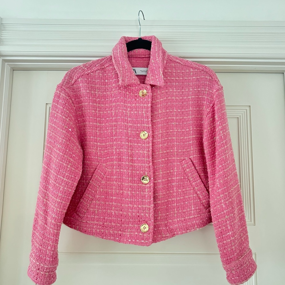 Zara Pink Tweed Cropped Jacket/Blazer | Size: S